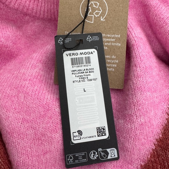 NWT VERO MODA Wool Blend Plaza Colorblock Crewneck Sweater in Fuchsia Pink Red L - Picture 9 of 12